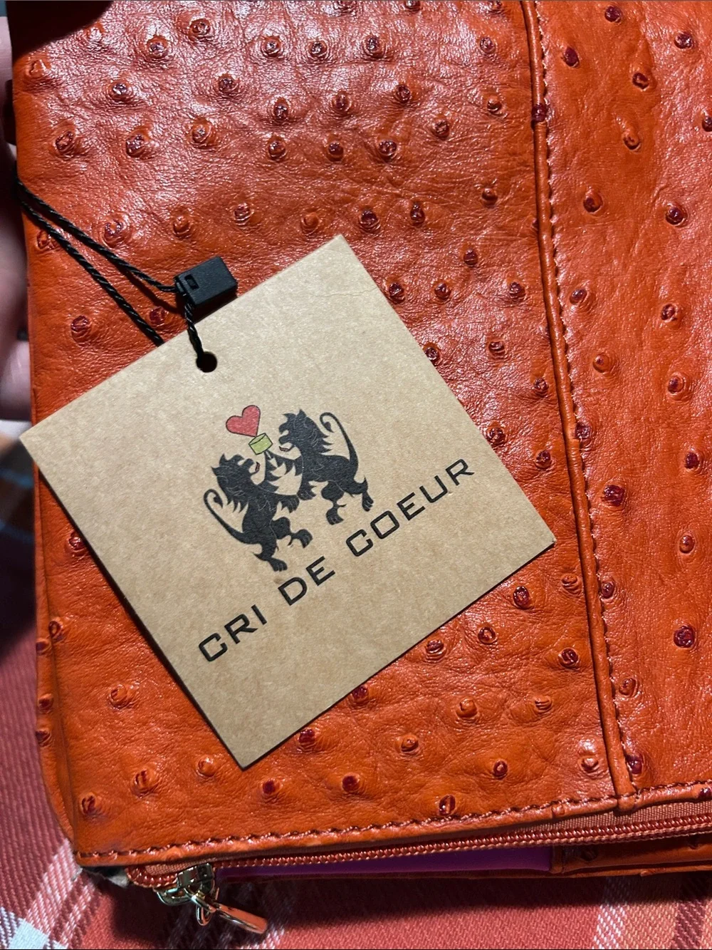 Cri De Coeur Orange FEAUX Ostrich -Texture Zip Bag with Pink Details